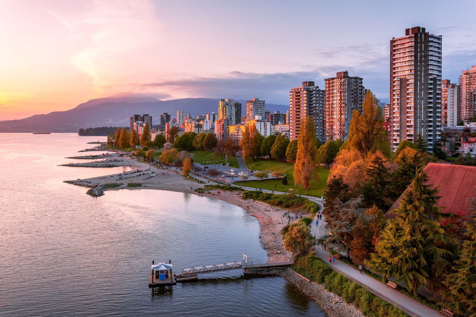 A picture of the downtown Vancouver waterfront by English Bay, in the who we are section.